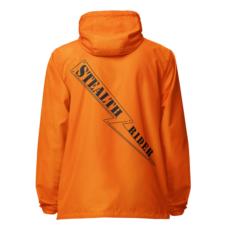 A high-visibility orange windbreaker with 'STEALTH RIDER' text on the back, featuring a hood, zippered front, and welt pockets.