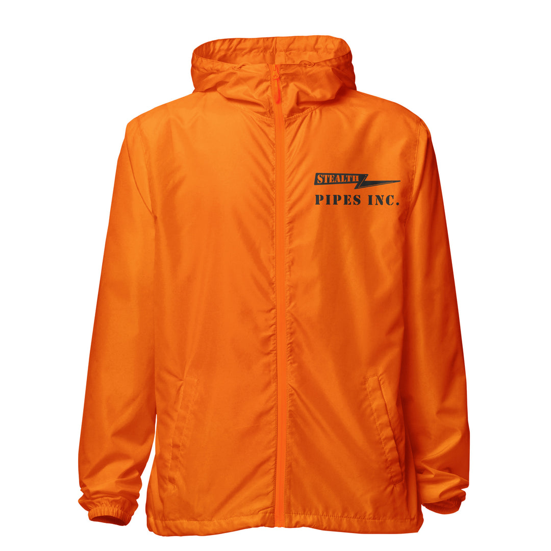 A high-visibility orange windbreaker with 'STEALTH RIDER' text on the back, featuring a hood, zippered front, and welt pockets.