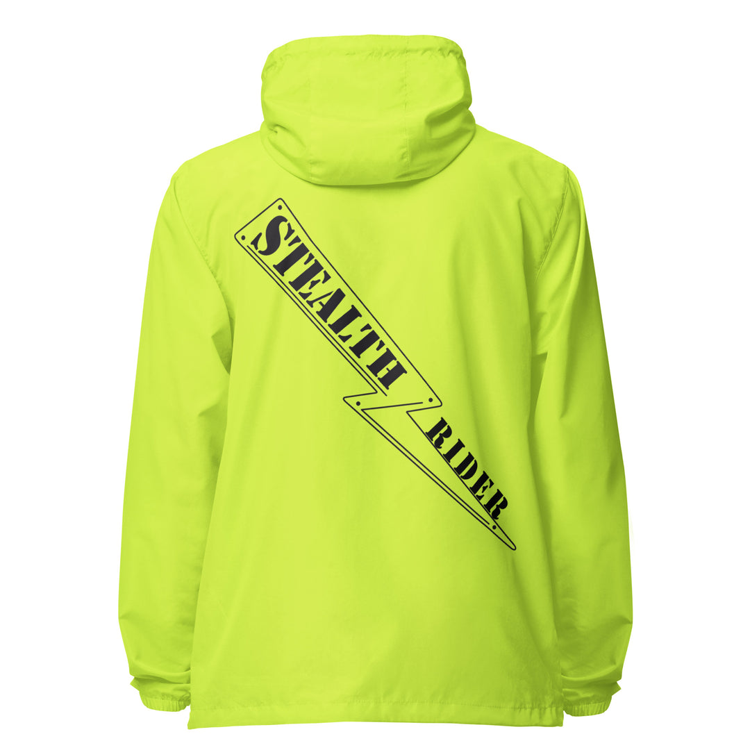 A high-visibility yellow windbreaker with 'STEALTH RIDER' text on the back, featuring a hood, zippered front, and welt pockets.