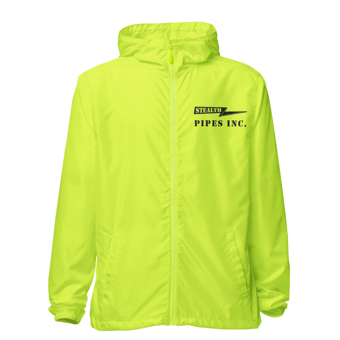 A high-visibility yellow windbreaker with 'STEALTH RIDER' text on the back, featuring a hood, zippered front, and welt pockets.