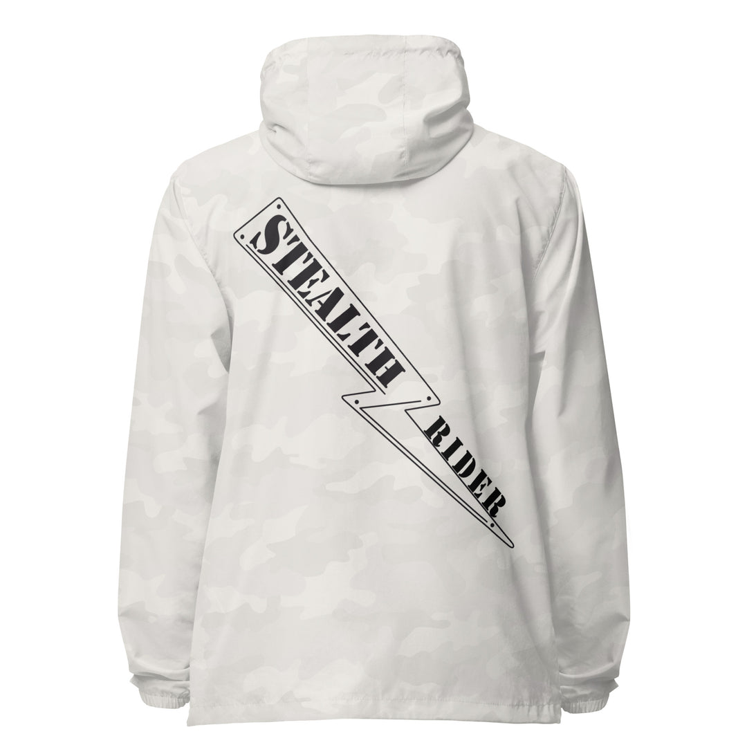 A high-visibility white camo windbreaker with 'STEALTH RIDER' text on the back, featuring a hood, zippered front, and welt pockets.