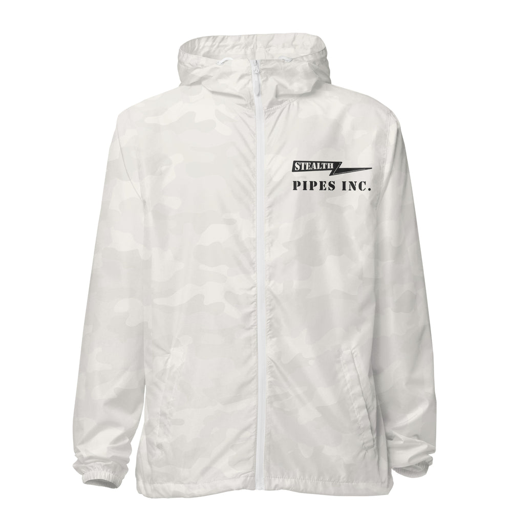 A high-visibility white windbreaker with 'STEALTH RIDER' text on the back, featuring a hood, zippered front, and welt pockets.