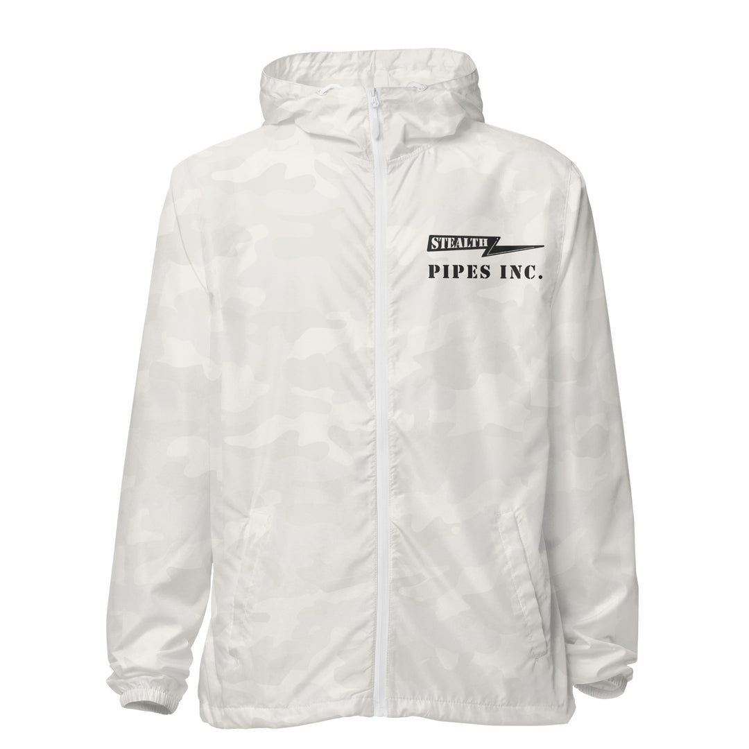 A high-visibility white windbreaker with 'STEALTH RIDER' text on the back, featuring a hood, zippered front, and welt pockets.