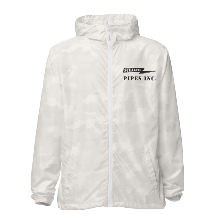 A high-visibility white windbreaker with 'STEALTH RIDER' text on the back, featuring a hood, zippered front, and welt pockets.