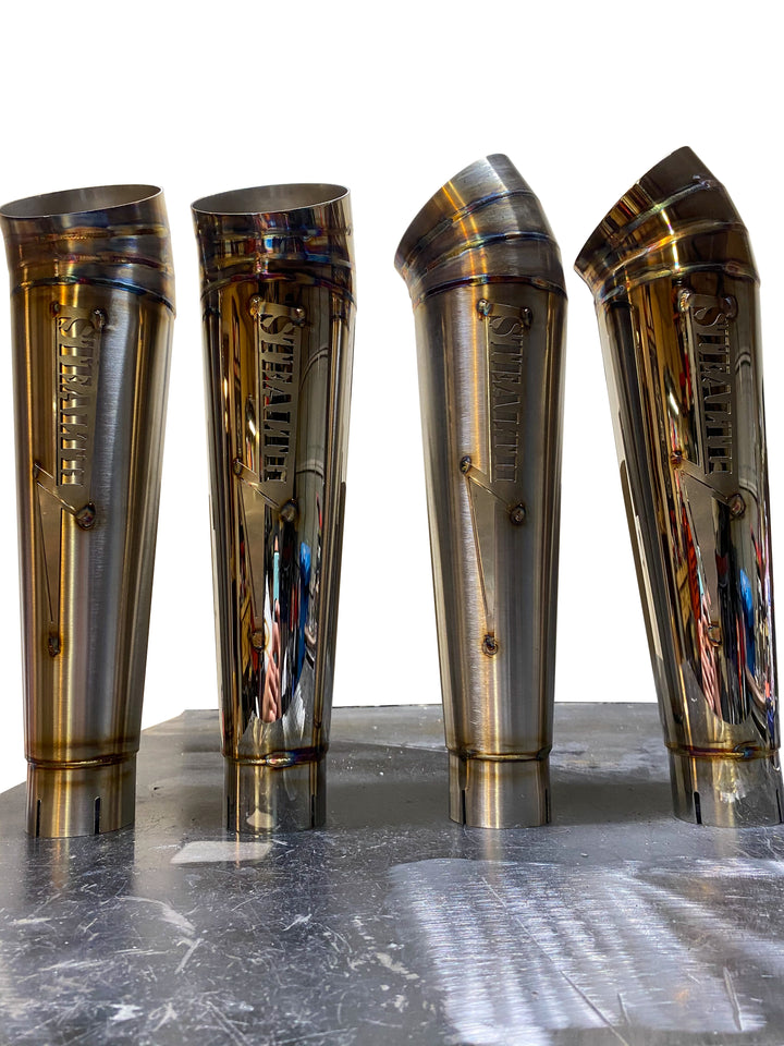 Stealth Pipes turnout mufflers with engraved logo – polished stainless cone-style exhaust upgrade