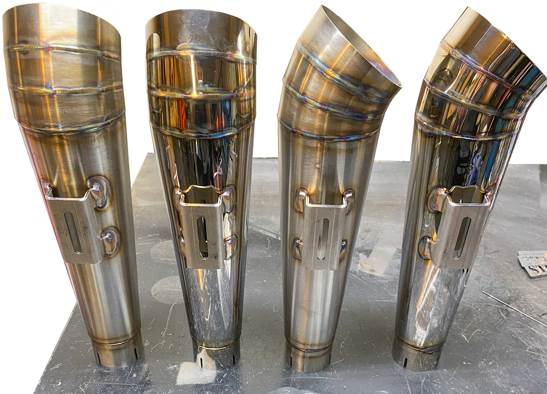 Stealth Pipes turnout mufflers with engraved logo – polished stainless cone-style exhaust upgrade