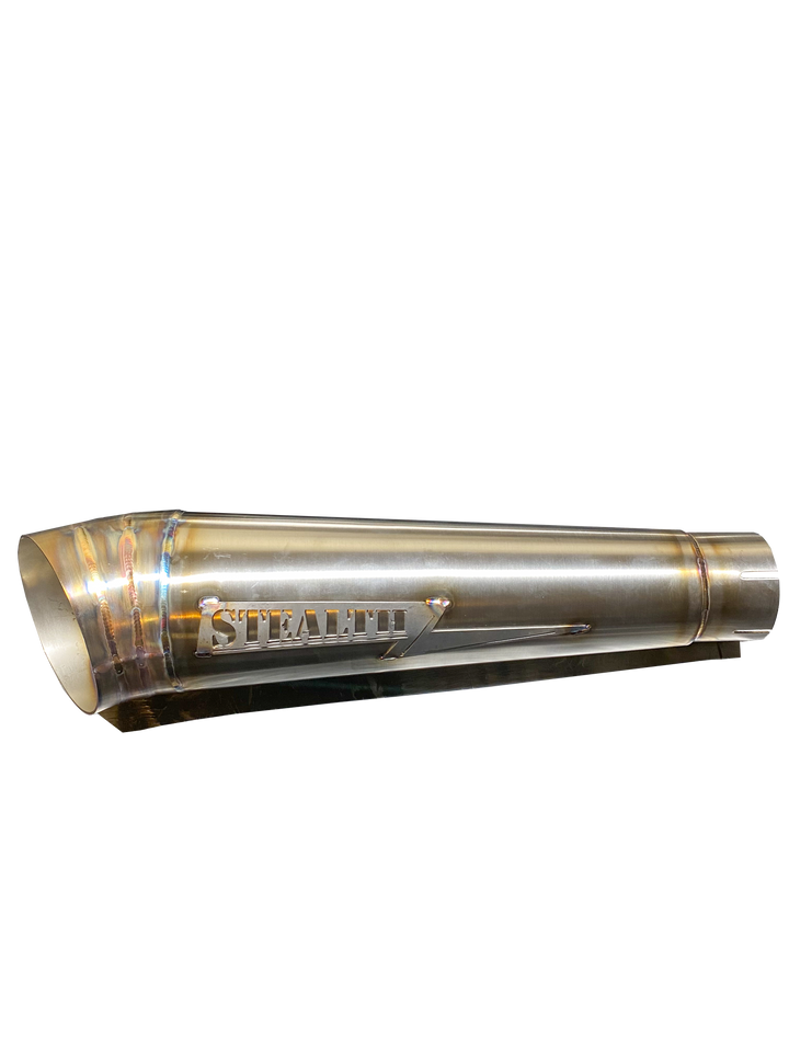 Stealth Pipes turnout mufflers with engraved logo – polished stainless cone-style exhaust upgrade