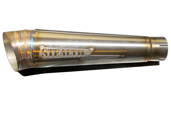 Stealth Pipes turnout mufflers with engraved logo – polished stainless cone-style exhaust upgrade