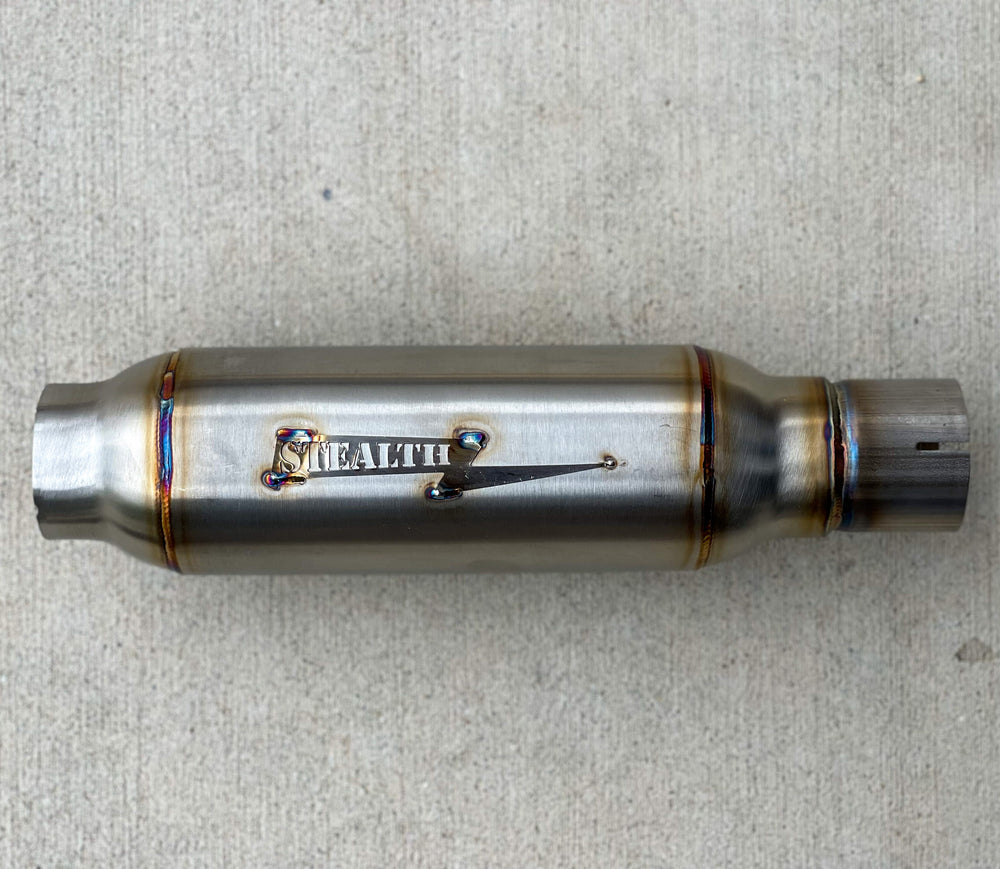 Stealth Pipes Pipe Bomb Muffler – TIG-welded stainless muffler with engraved logo detail
