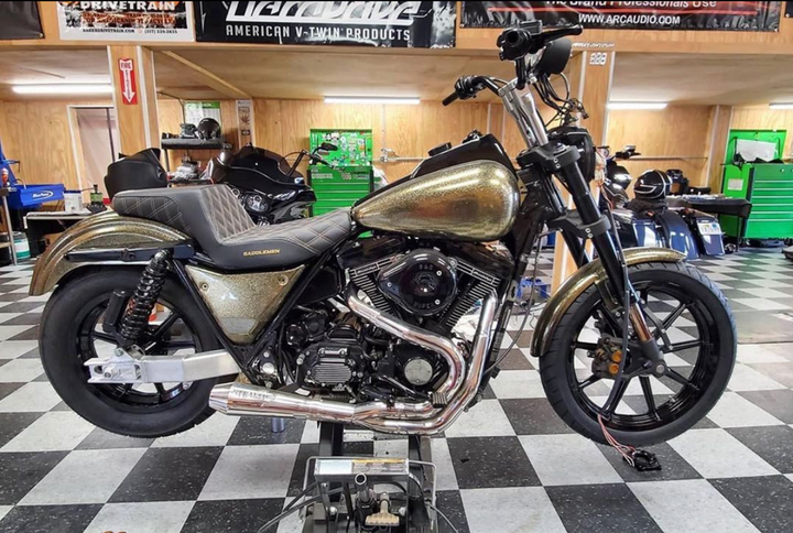 Harley FXR motorcycles with Stealth Pipes exhaust systems installed – stainless mufflers for 1985–1994 models