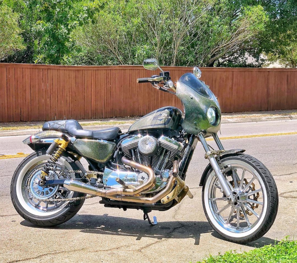Harley Sportster motorcycle with Stealth Pipes exhaust system installed – American-made performance muffler