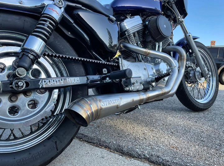 Harley Sportster 1986–2003 with Stealth Pipes stainless exhaust headers installed – rider-side detail