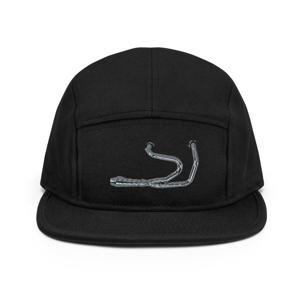 Black 5 panel camper hat with embroidered Stealth Pipes logo on front panel