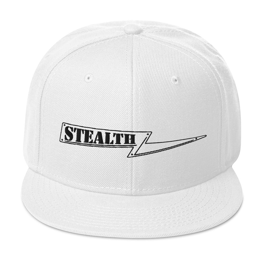 White Stealth Pipes snapback hat with flat visor and embroidered logo