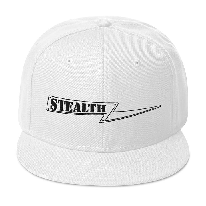 White Stealth Pipes snapback hat with flat visor and embroidered logo