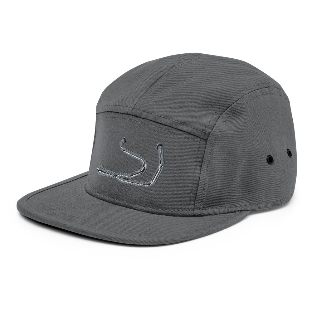 Side profile of grey Stealth Pipes camper cap with flat bill and ventilation eyelets