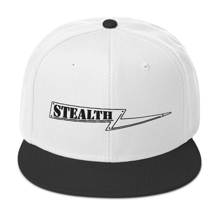 Overhead angle of white Stealth Pipes snapback showing structured crown