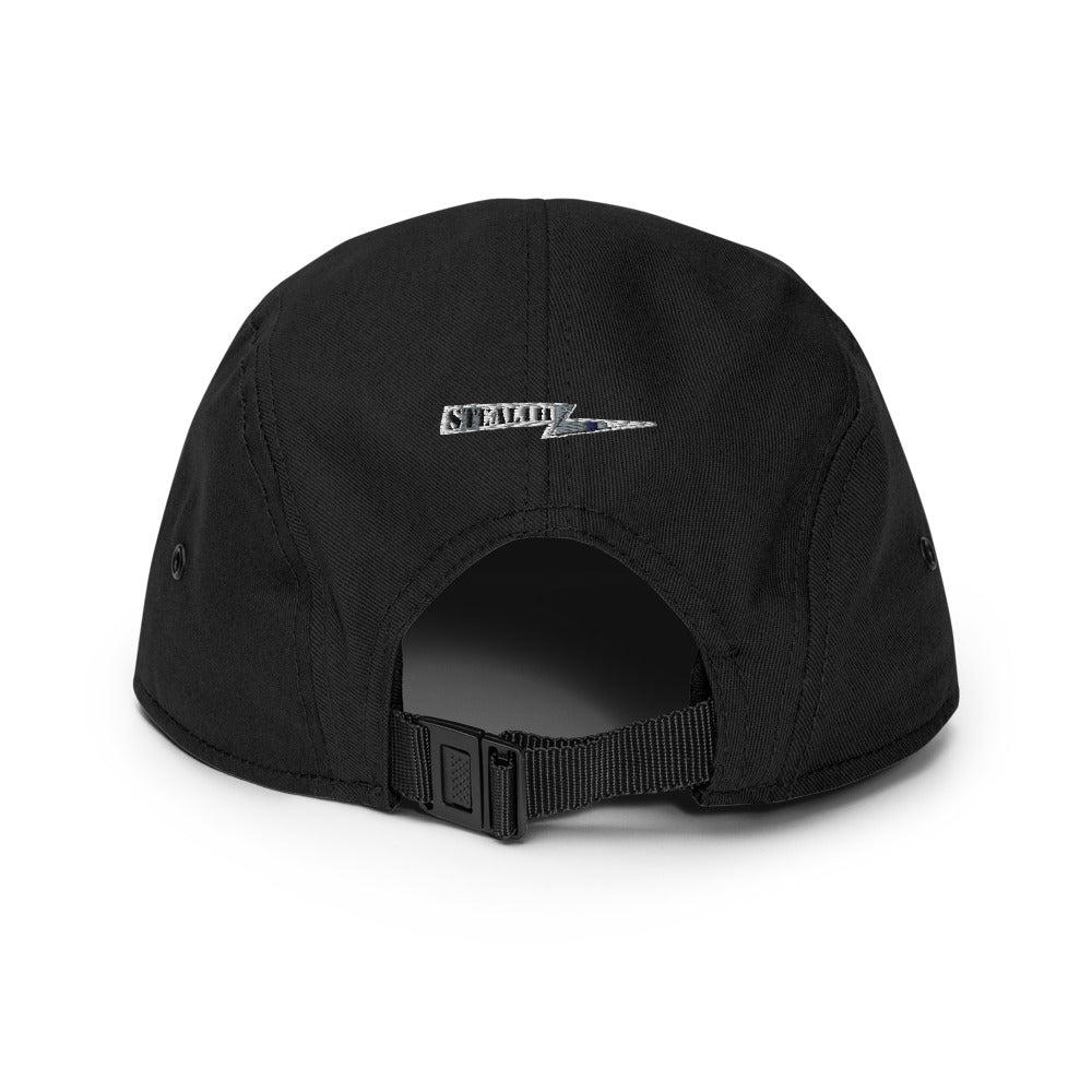 Back view of black Stealth Pipes 5 panel camper cap with adjustable nylon strap