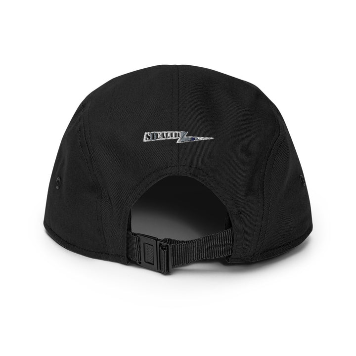 Back view of black Stealth Pipes 5 panel camper cap with adjustable nylon strap