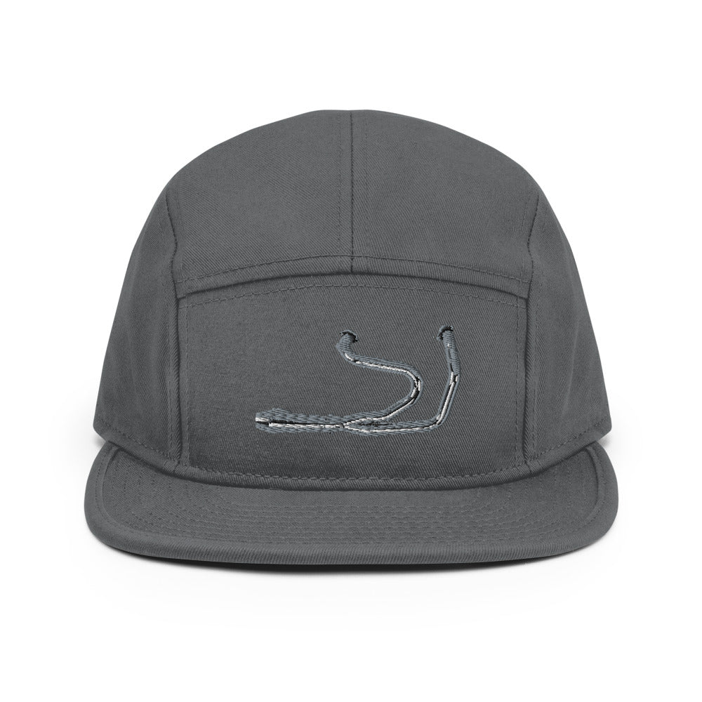 Grey 5 panel camper hat featuring Stealth Pipes embroidered logo on front