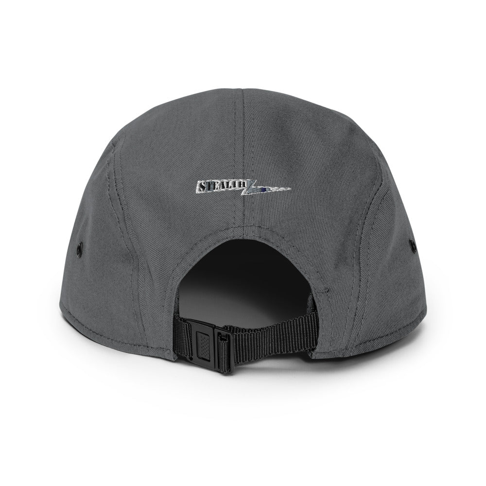 Back profile of grey Stealth Pipes camper cap with flat bill and ventilation eyelets