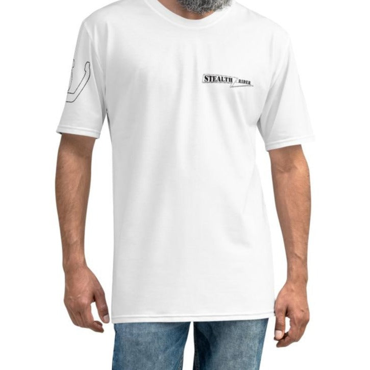Stealth Rider T-shirt front view in white with minimal logo design