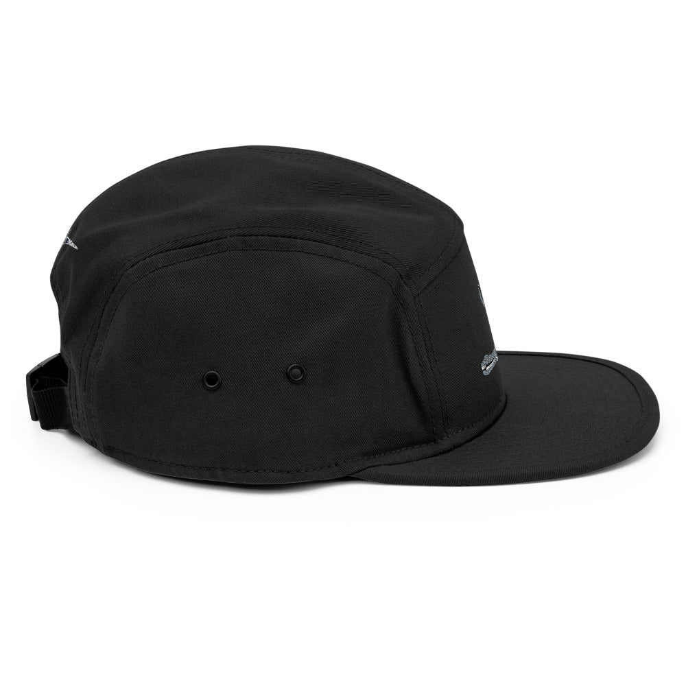Side view of black Stealth Pipes 5 panel camper cap with adjustable nylon strap