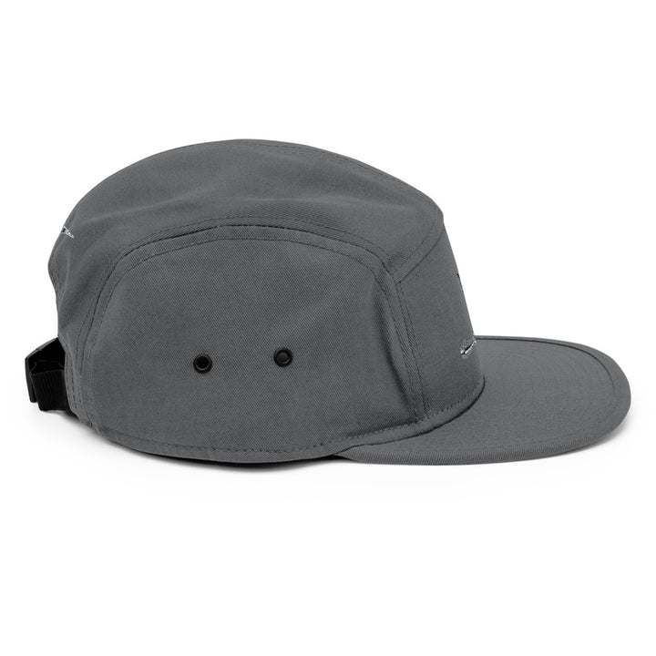 Side profile of grey Stealth Pipes camper cap with flat bill and ventilation eyelets
