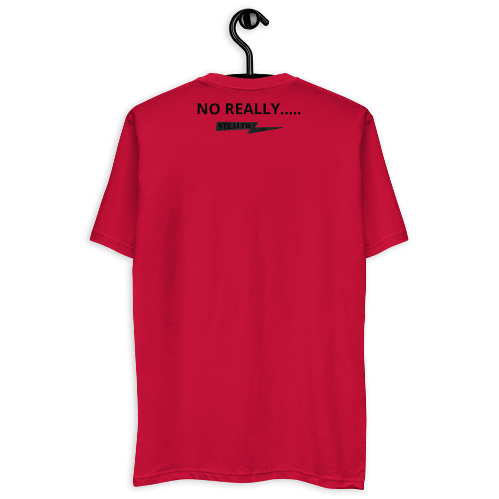 Back of red No Really T-shirt with Stealth Pipes Inc. logo