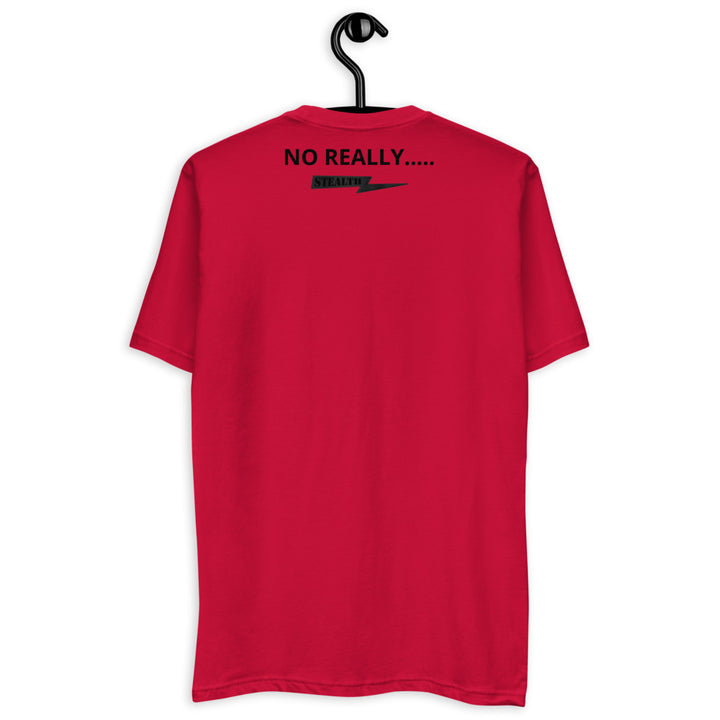 Back of red No Really T-shirt with Stealth Pipes Inc. logo