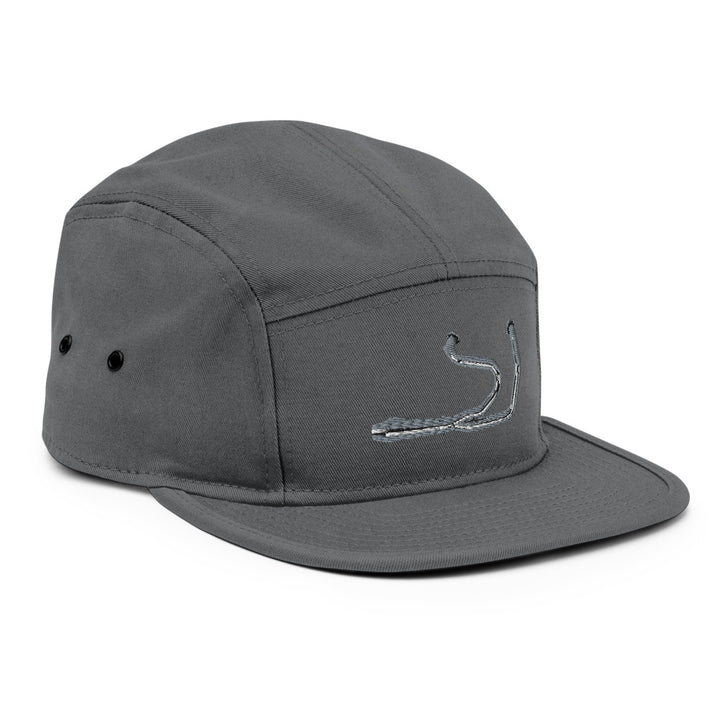 Side profile of grey Stealth Pipes camper cap with flat bill and ventilation eyelets