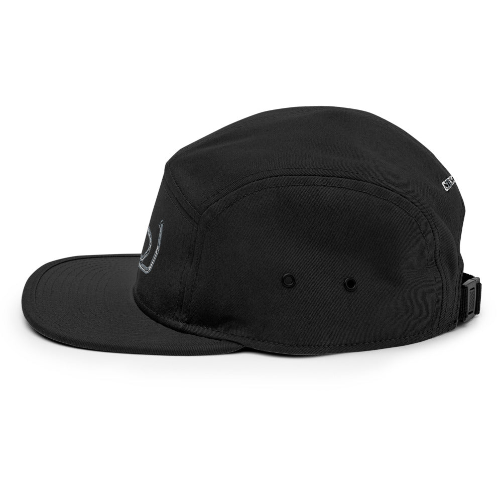 Side view of black Stealth Pipes 5 panel camper cap with adjustable nylon strap