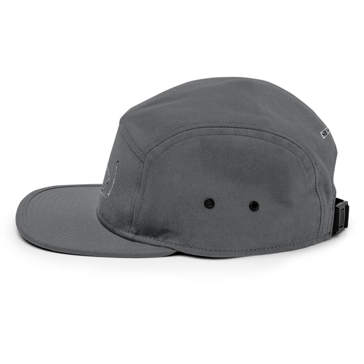 Side profile of grey Stealth Pipes camper cap with flat bill and ventilation eyelets