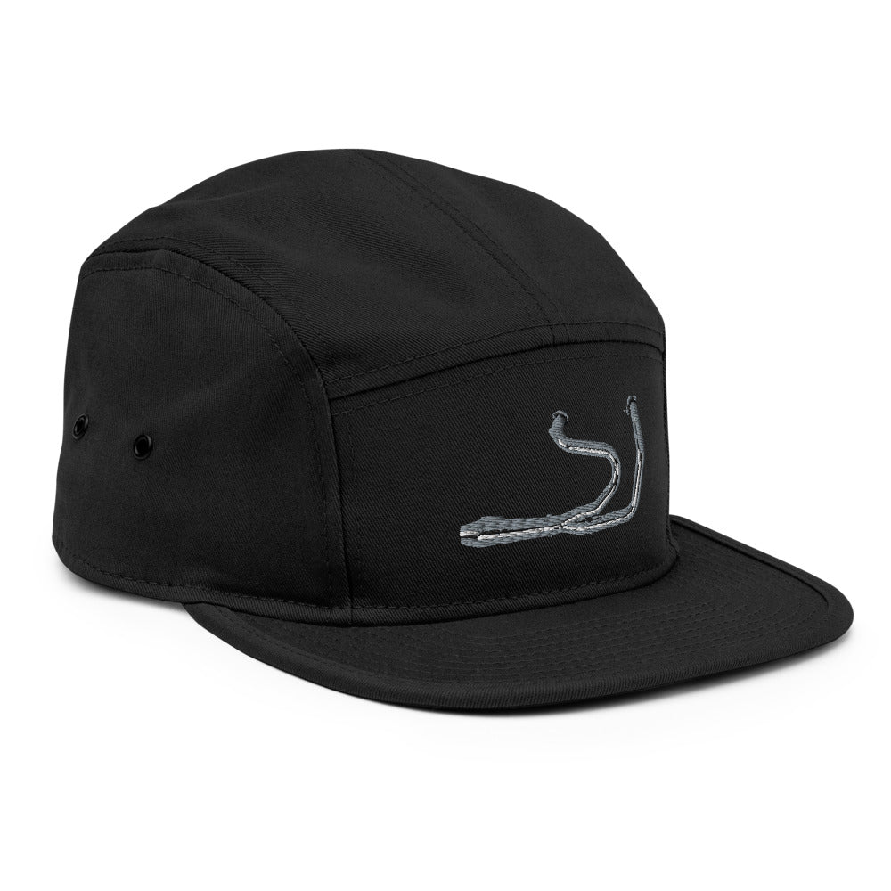 Side view of black 5 panel camper cap showing flat brim and logo embroidery