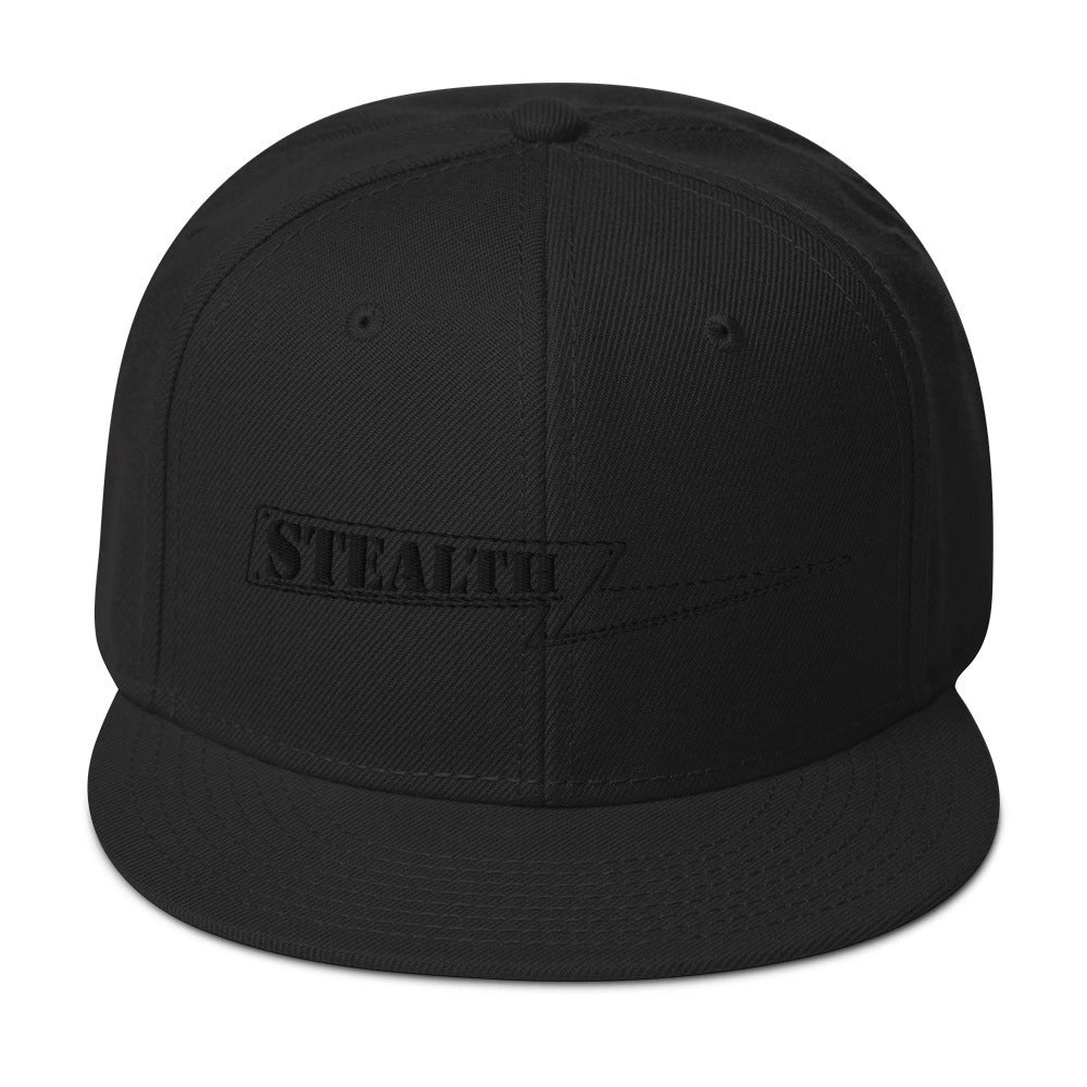 Black Stealth Pipes snapback hat with flat visor and embroidered logo